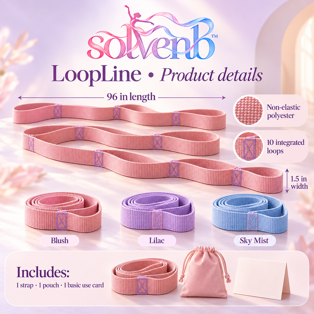 solvenb™ LoopLine Multi-Loop Stretch Strap — 8-Foot Non-Elastic Ballet, Dance & Pilates Stretching Belt with Carry Pouch