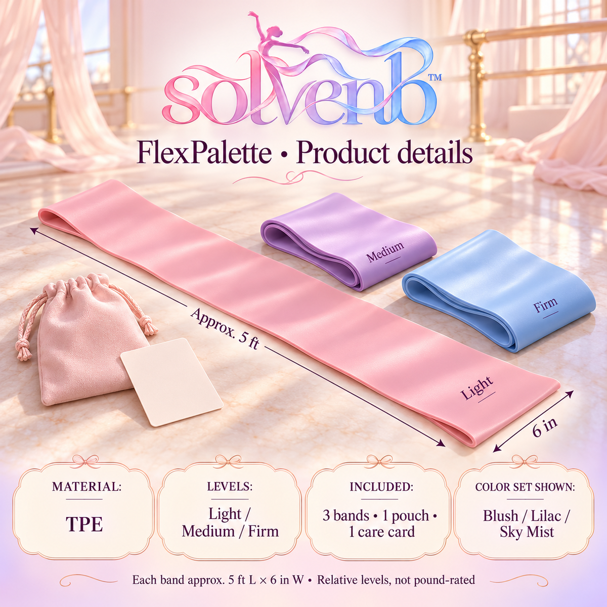 solvenb™ FlexPalette Flat Resistance Bands — 3-Level Dance Warm-Up, Ballet Footwork & Pilates Exercise Band Set