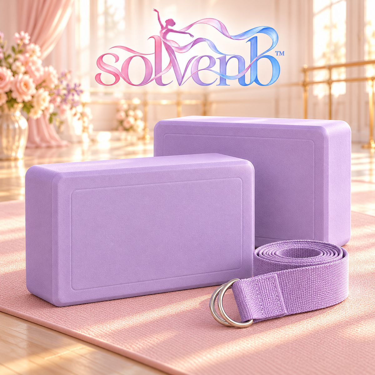 solvenb™ SoftEdge Stretch Block Set — 2 EVA Foam Yoga Blocks with 6-Foot Strap for Dance, Ballet & Pilates
