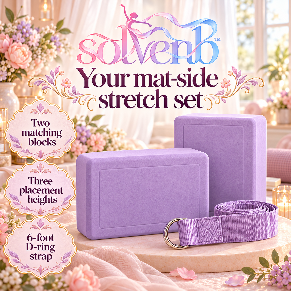 solvenb™ SoftEdge Stretch Block Set — 2 EVA Foam Yoga Blocks with 6-Foot Strap for Dance, Ballet & Pilates