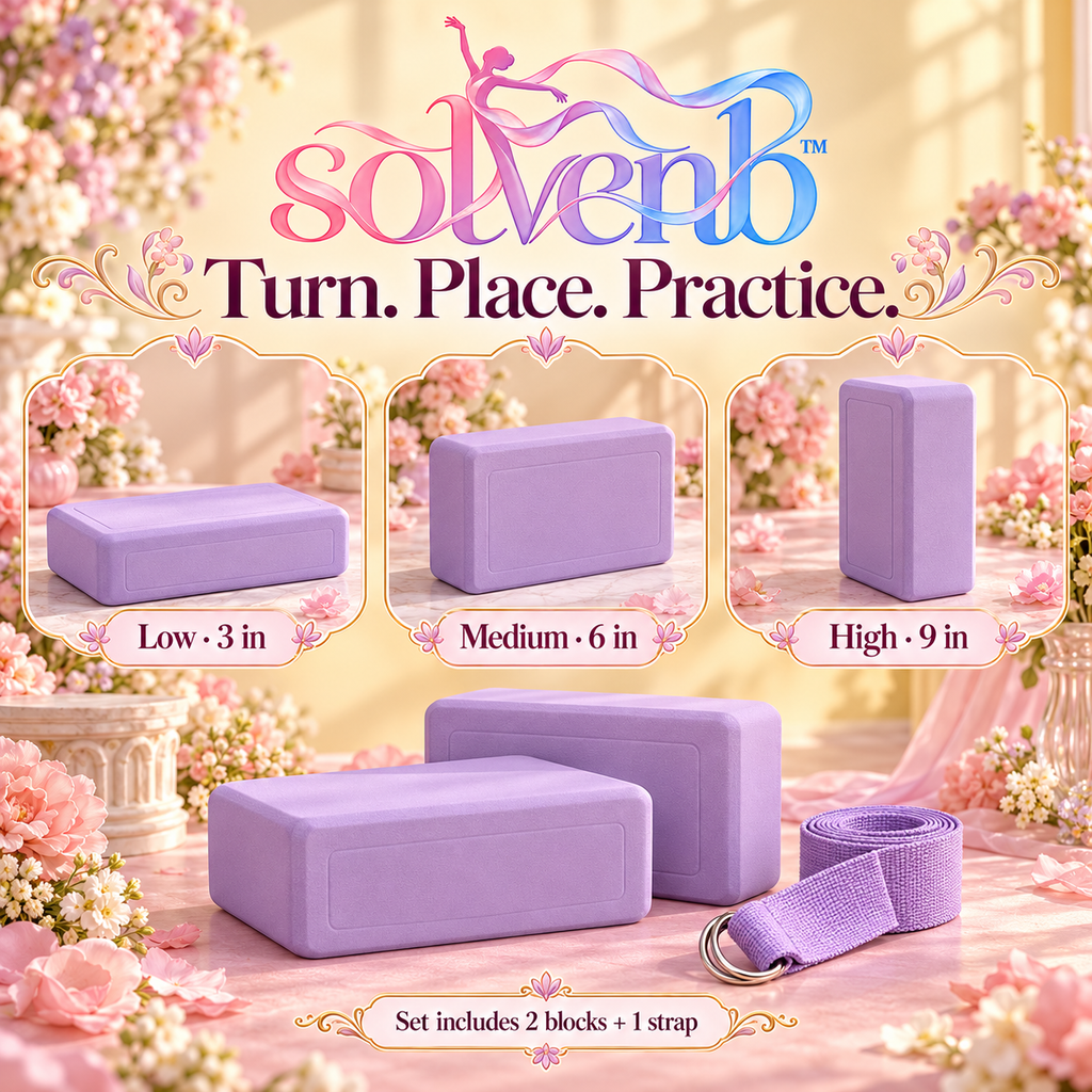solvenb™ SoftEdge Stretch Block Set — 2 EVA Foam Yoga Blocks with 6-Foot Strap for Dance, Ballet & Pilates