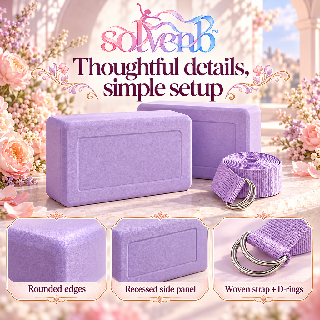 solvenb™ SoftEdge Stretch Block Set — 2 EVA Foam Yoga Blocks with 6-Foot Strap for Dance, Ballet & Pilates