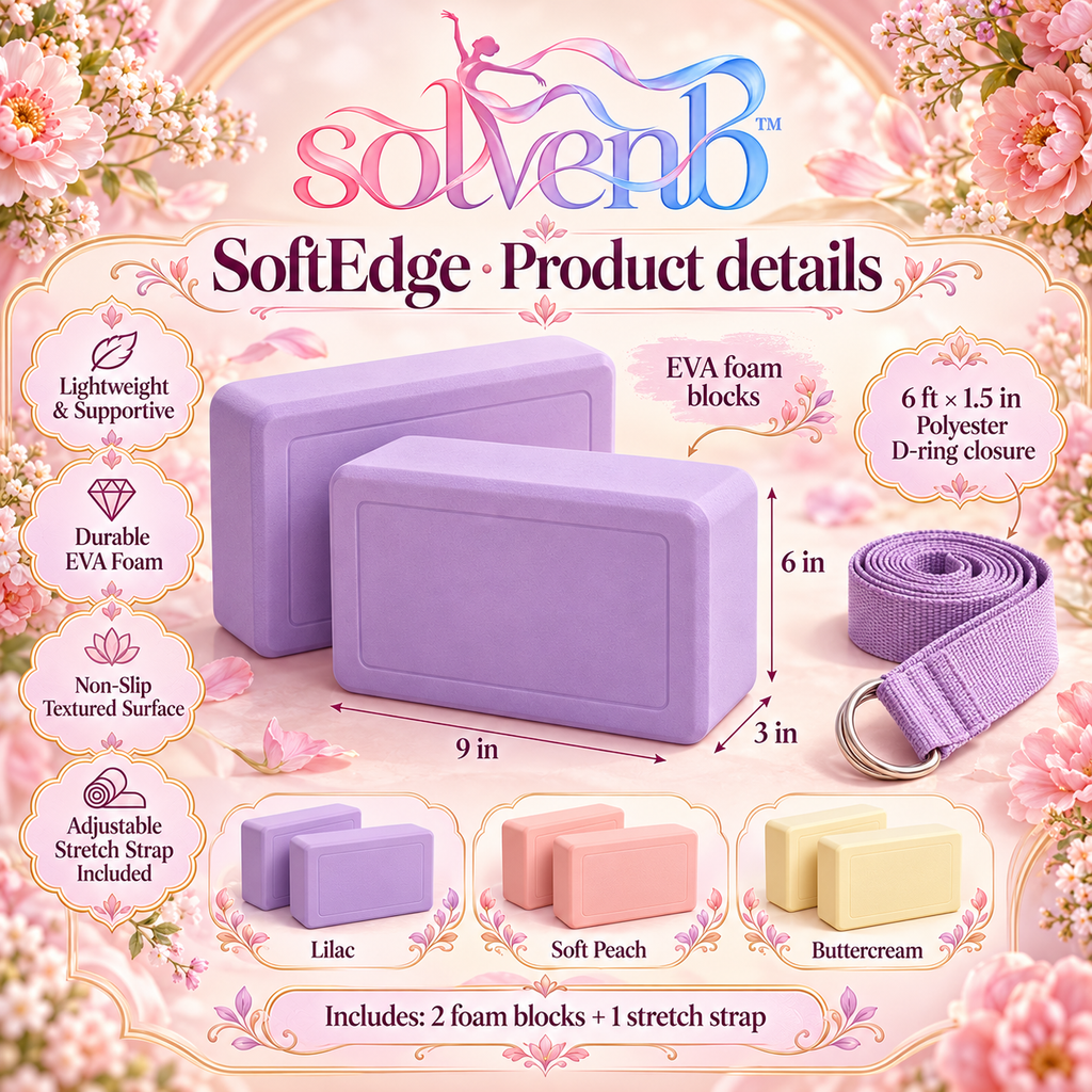 solvenb™ SoftEdge Stretch Block Set — 2 EVA Foam Yoga Blocks with 6-Foot Strap for Dance, Ballet & Pilates