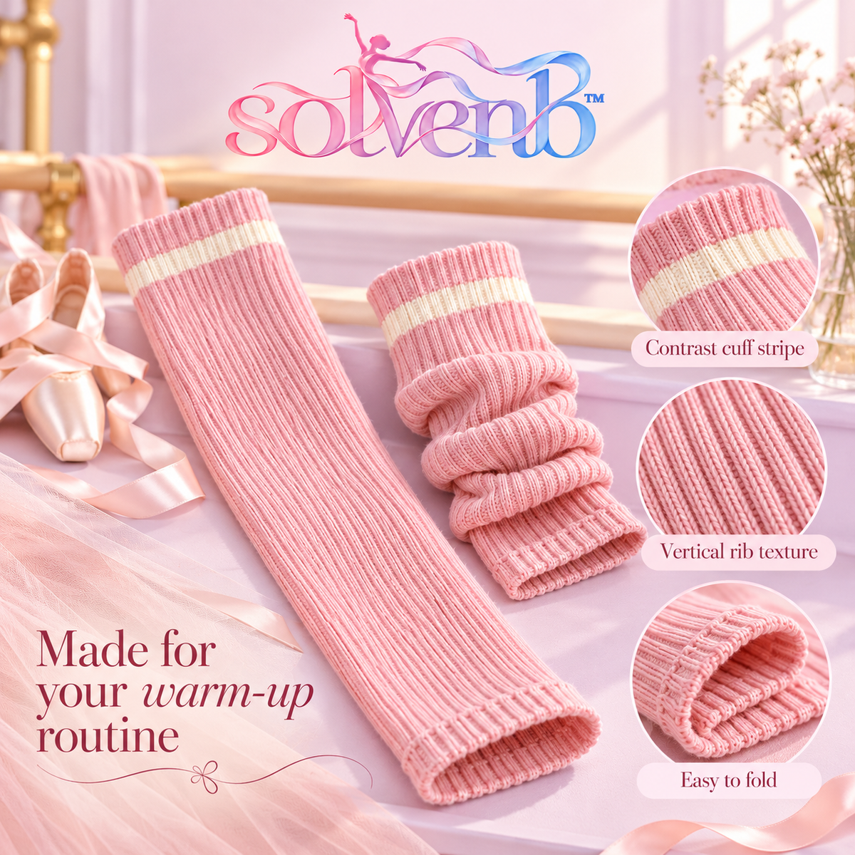 solvenb™ RibRibbon Adult Leg Warmers — 18-Inch Rib-Knit Ballet & Dance Warm-Up Legwear, 1 Pair