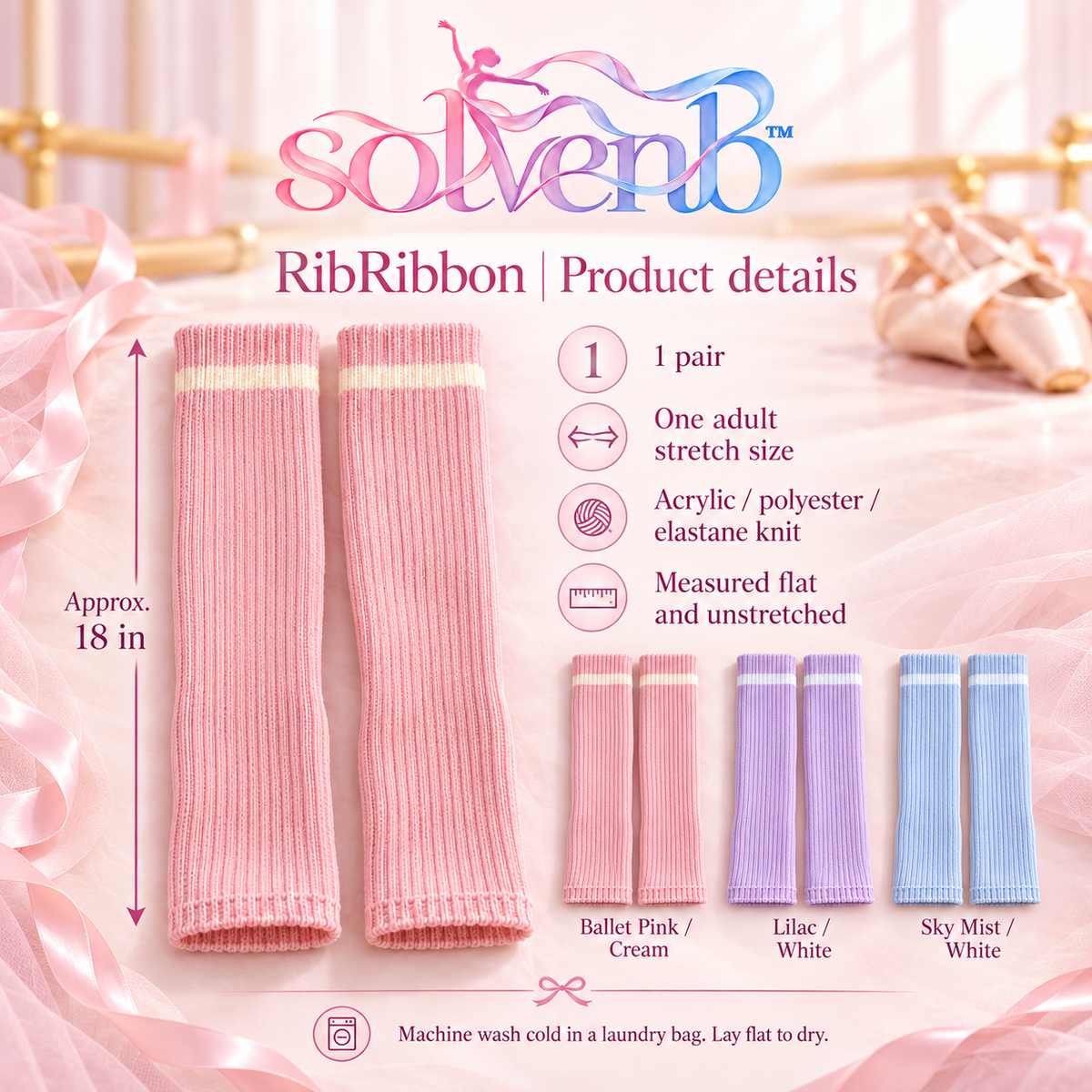 solvenb™ RibRibbon Adult Leg Warmers — 18-Inch Rib-Knit Ballet & Dance Warm-Up Legwear, 1 Pair
