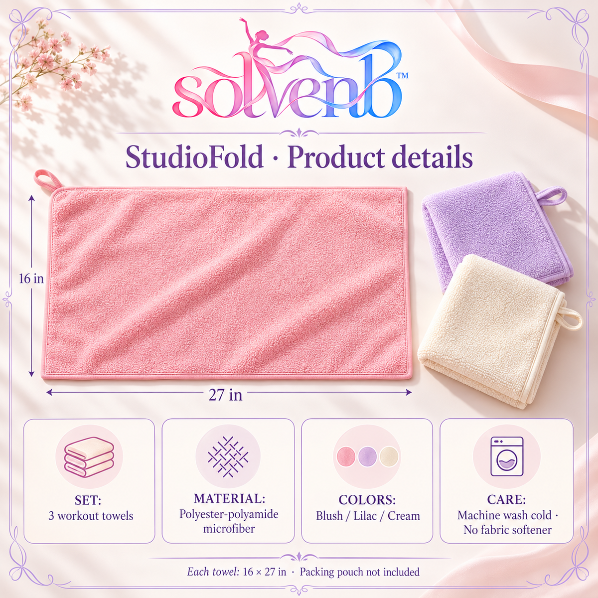 solvenb™ StudioFold Microfiber Workout Towels — 3-Pack Compact Sweat Towels for Dance Class, Gym & Travel