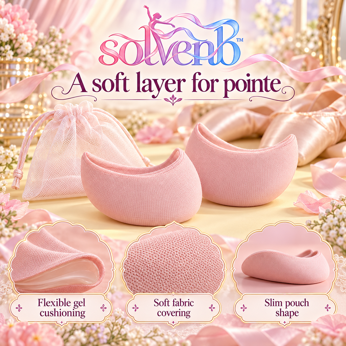 solvenb™ PointePetal Fabric-Covered Gel Toe Pads — Slim Ballet Pointe Shoe Cushion Inserts, 1 Pair