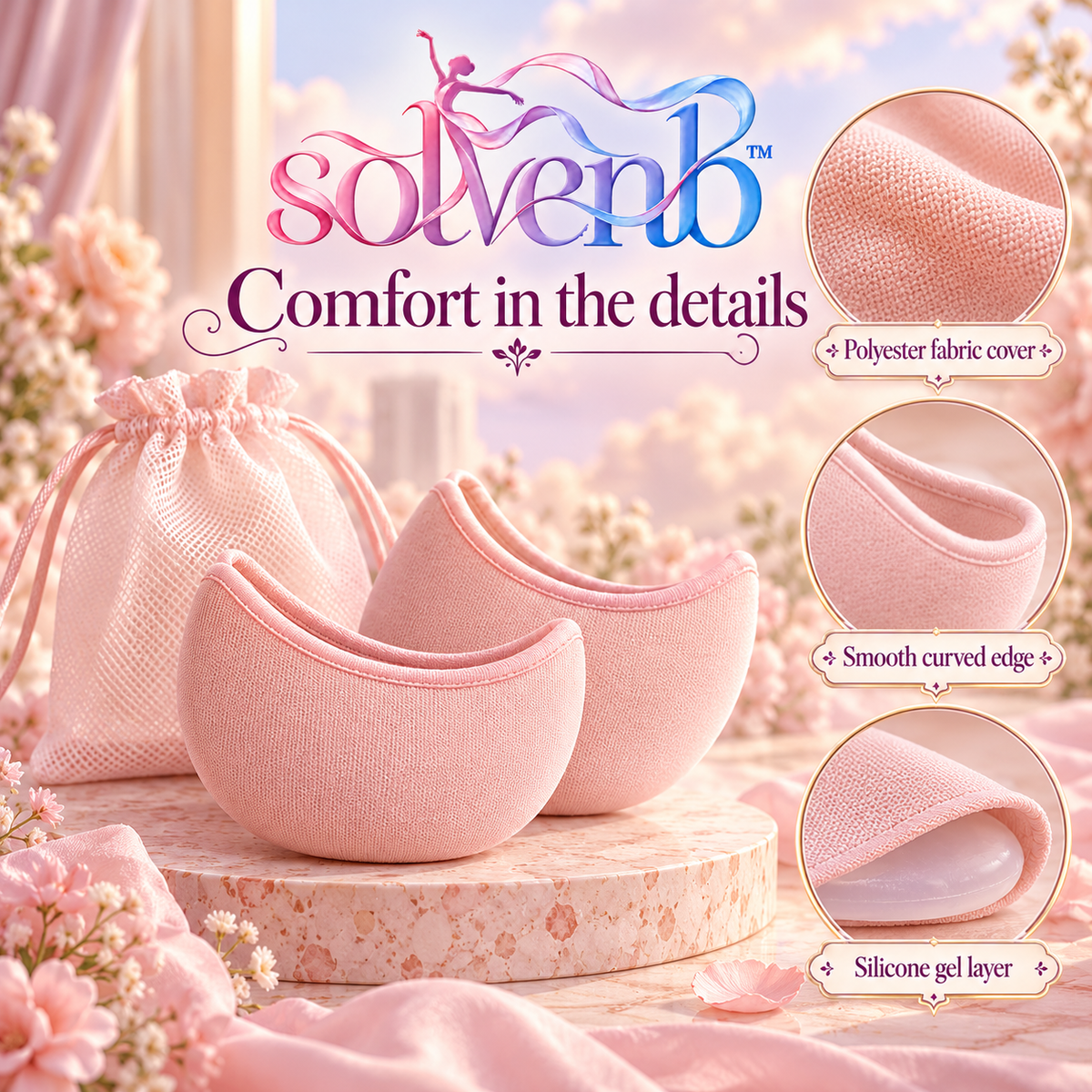 solvenb™ PointePetal Fabric-Covered Gel Toe Pads — Slim Ballet Pointe Shoe Cushion Inserts, 1 Pair