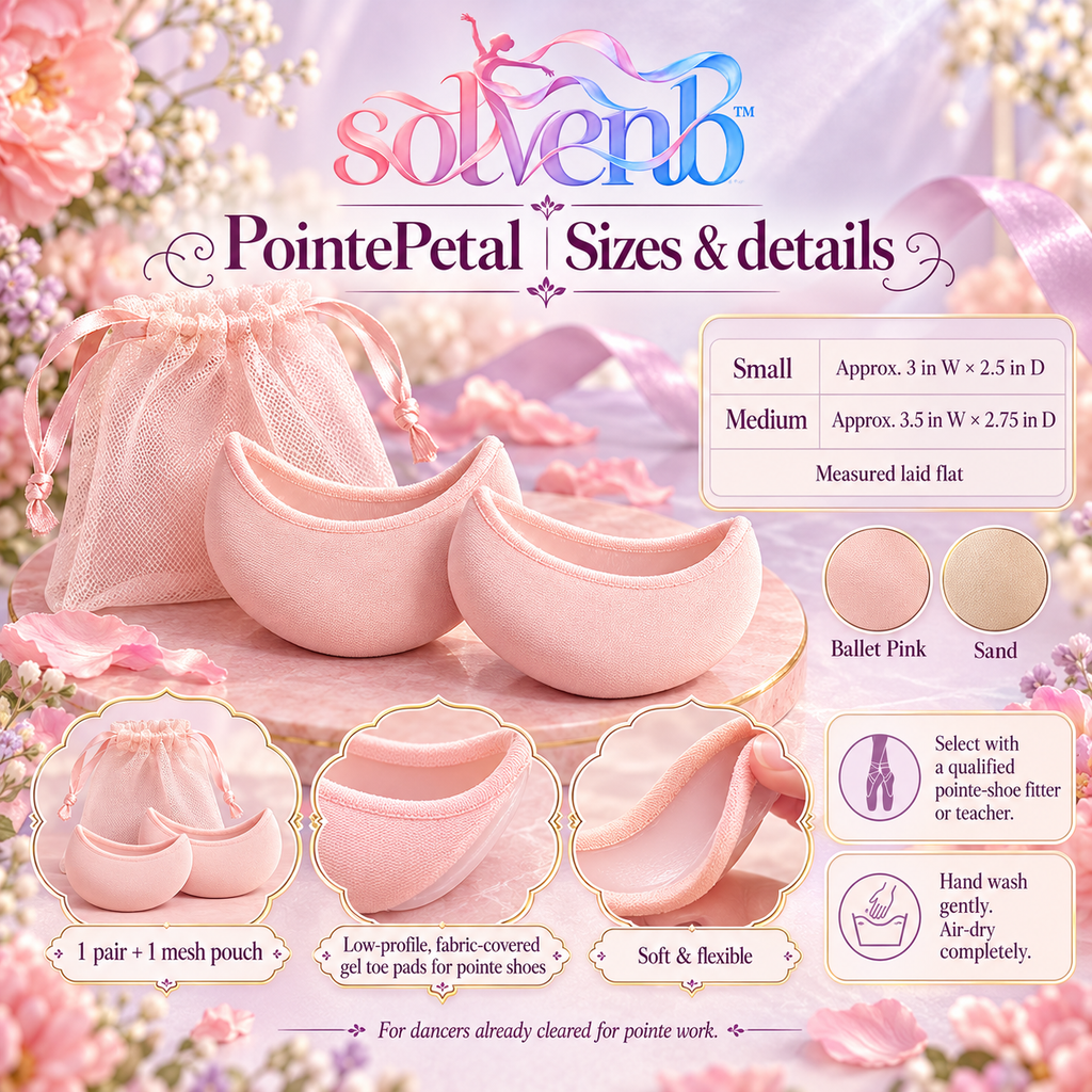 solvenb™ PointePetal Fabric-Covered Gel Toe Pads — Slim Ballet Pointe Shoe Cushion Inserts, 1 Pair