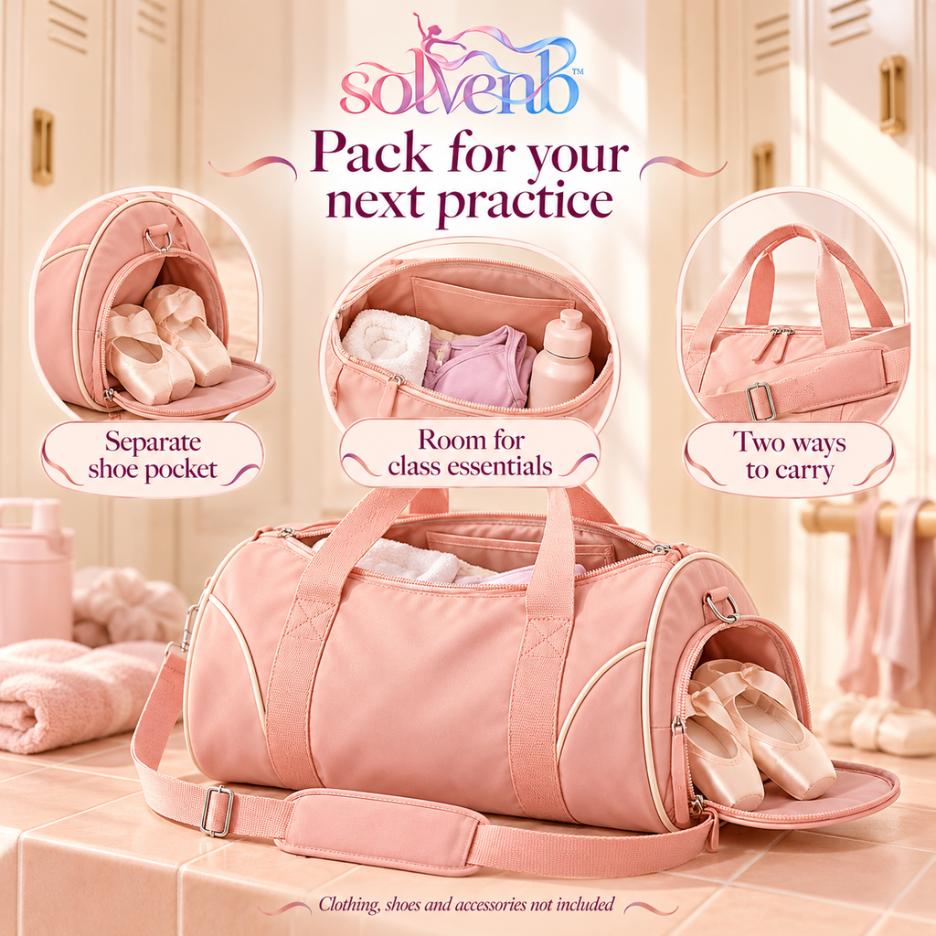 solvenb™ StudioArc Compact Dance Duffle Bag — Ballet & Gym Carryall with Separate Shoe Pocket and Adjustable Shoulder Strap