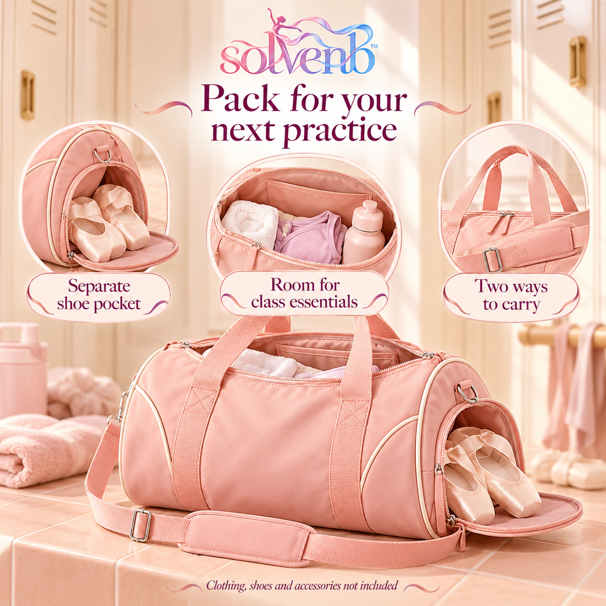 solvenb™ StudioArc Compact Dance Duffle Bag — Ballet & Gym Carryall with Separate Shoe Pocket and Adjustable Shoulder Strap