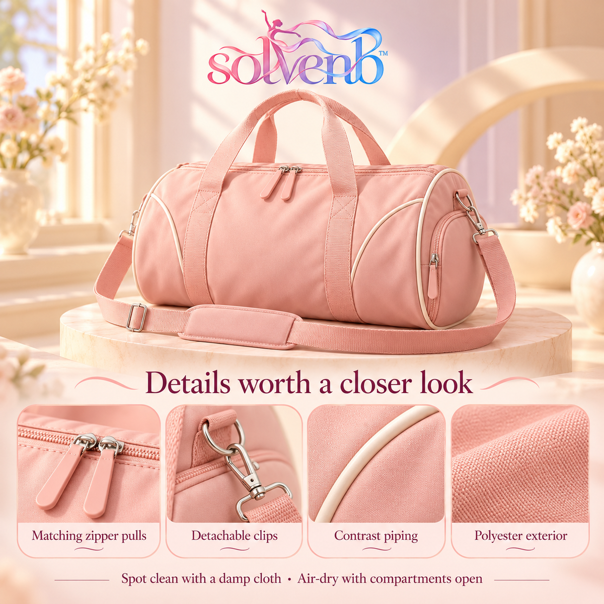 solvenb™ StudioArc Compact Dance Duffle Bag — Ballet & Gym Carryall with Separate Shoe Pocket and Adjustable Shoulder Strap