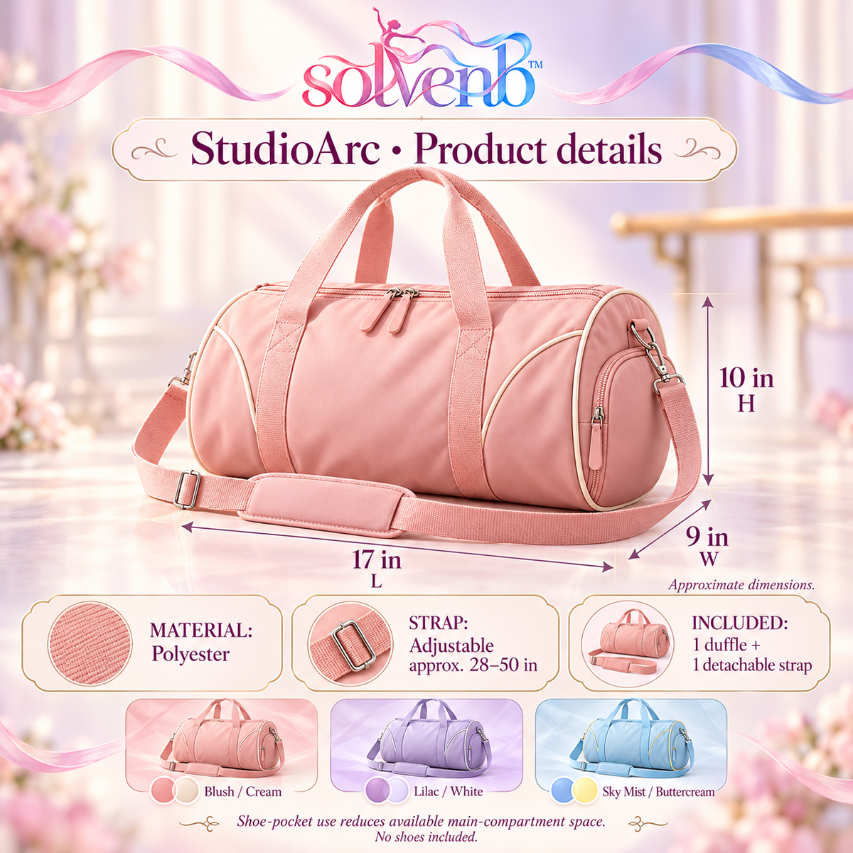 solvenb™ StudioArc Compact Dance Duffle Bag — Ballet & Gym Carryall with Separate Shoe Pocket and Adjustable Shoulder Strap