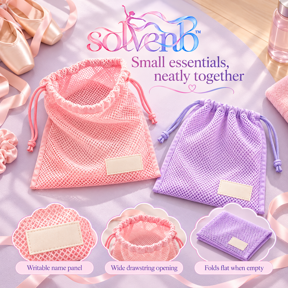solvenb™ AirWeave Mesh Dance Shoe Bags — 2-Pack Drawstring Ballet Slipper & Pointe Shoe Storage Pouches