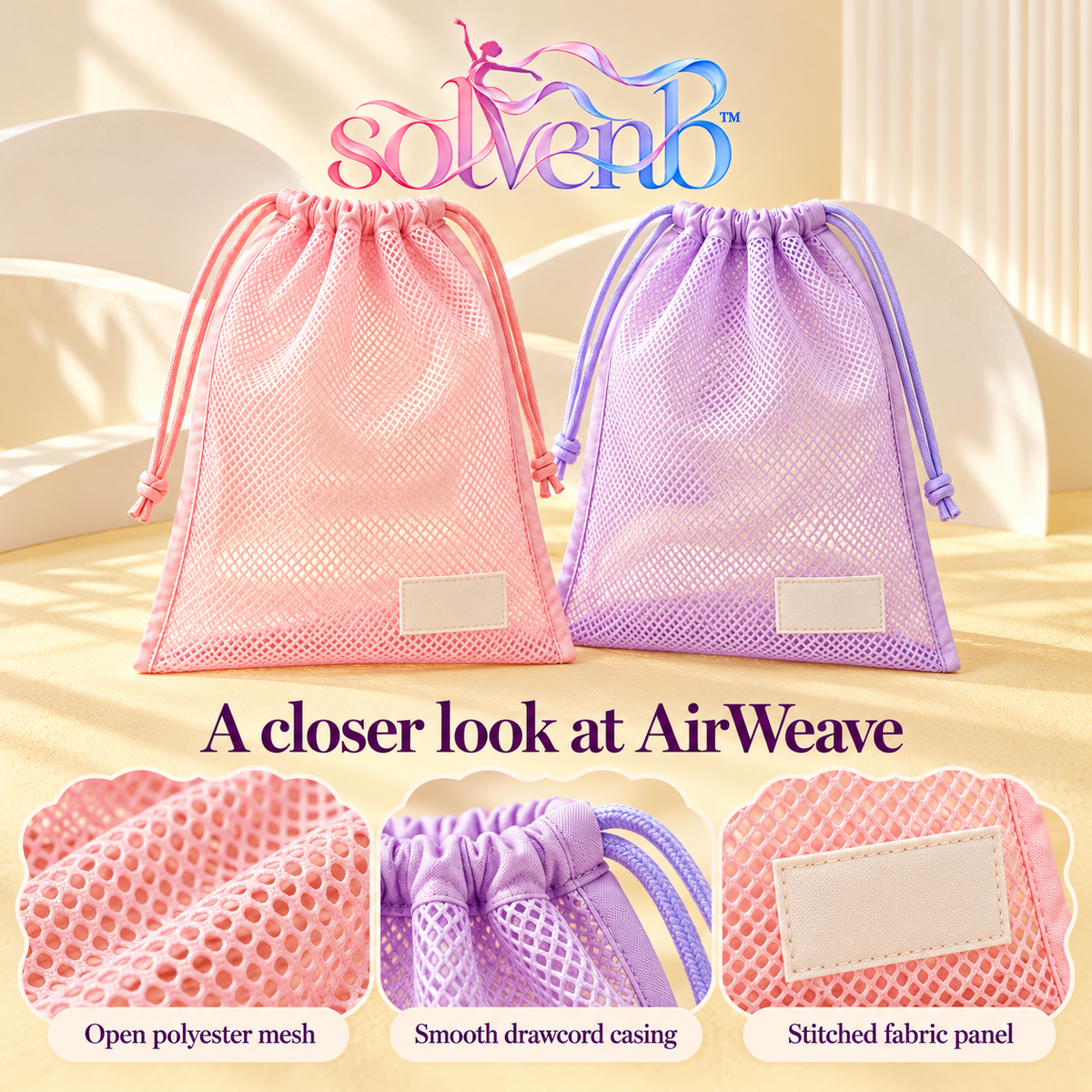 solvenb™ AirWeave Mesh Dance Shoe Bags — 2-Pack Drawstring Ballet Slipper & Pointe Shoe Storage Pouches