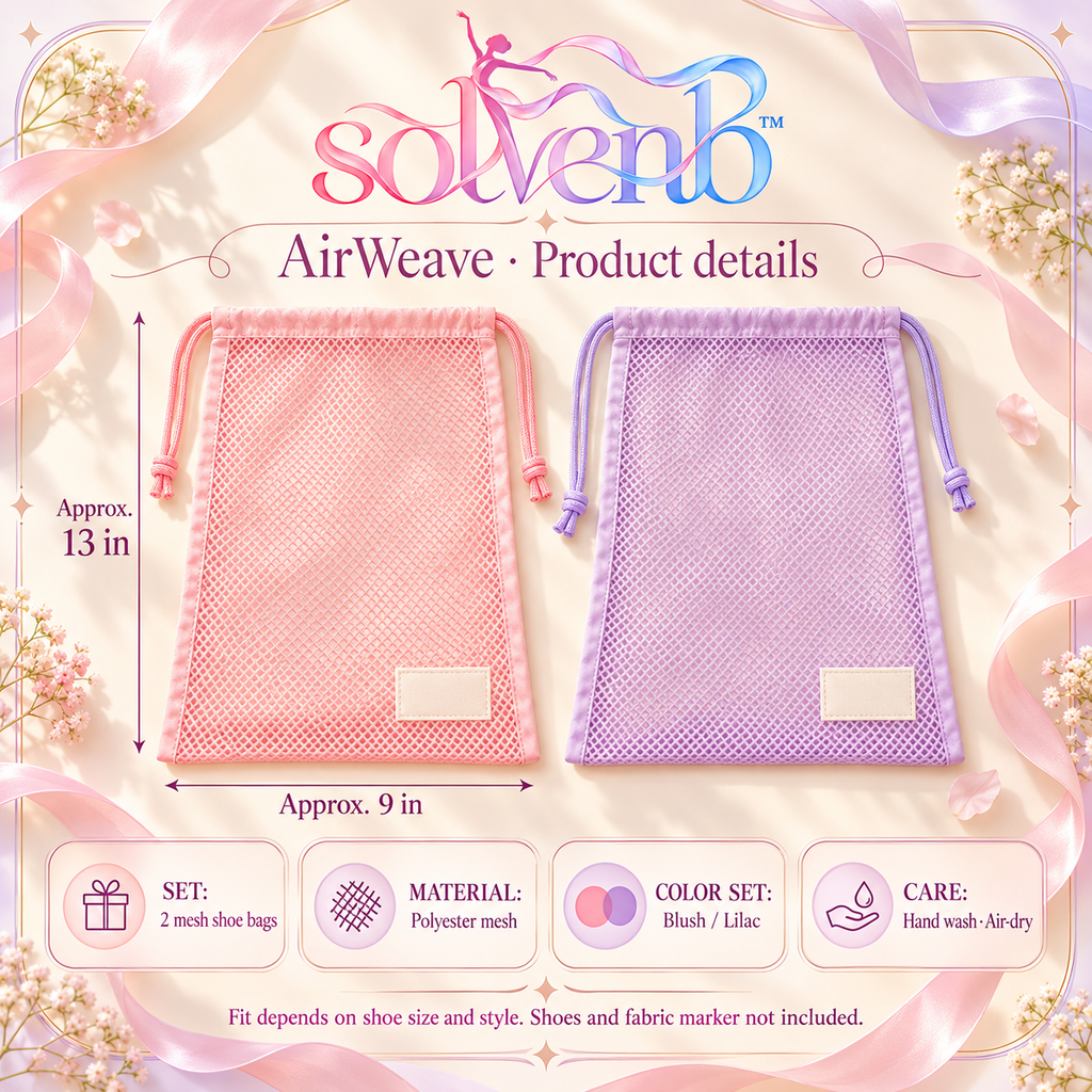 solvenb™ AirWeave Mesh Dance Shoe Bags — 2-Pack Drawstring Ballet Slipper & Pointe Shoe Storage Pouches