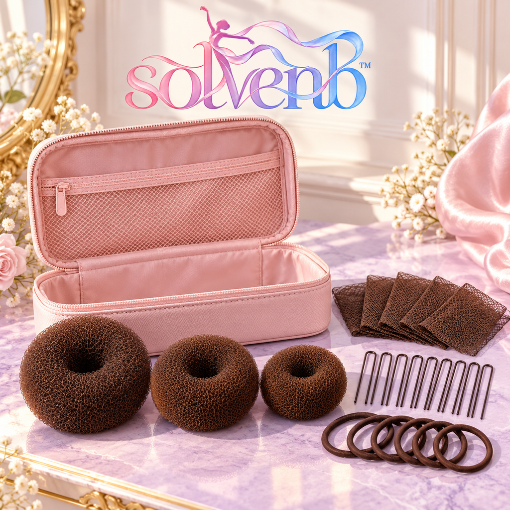 solvenb™ BunEdit Ballet Hair Kit — 3 Bun Donuts, Hair Nets, U-Pins & Hair Ties with Travel Case for Adult Dance Class
