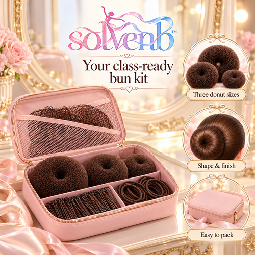 solvenb™ BunEdit Ballet Hair Kit — 3 Bun Donuts, Hair Nets, U-Pins & Hair Ties with Travel Case for Adult Dance Class