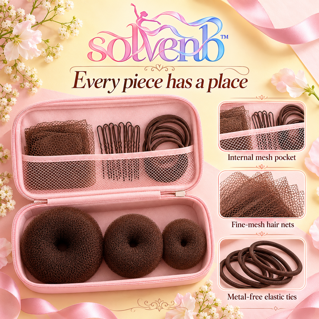 solvenb™ BunEdit Ballet Hair Kit — 3 Bun Donuts, Hair Nets, U-Pins & Hair Ties with Travel Case for Adult Dance Class