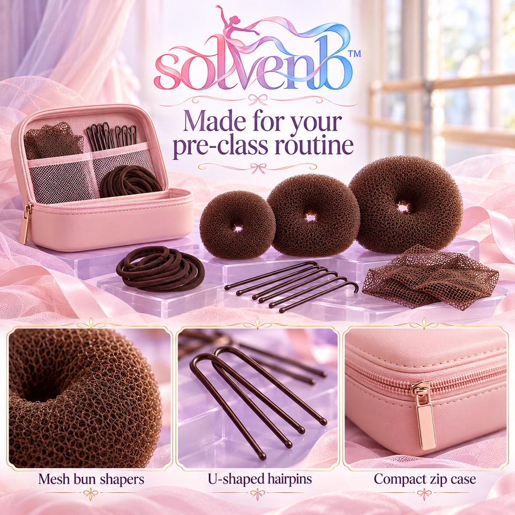 solvenb™ BunEdit Ballet Hair Kit — 3 Bun Donuts, Hair Nets, U-Pins & Hair Ties with Travel Case for Adult Dance Class