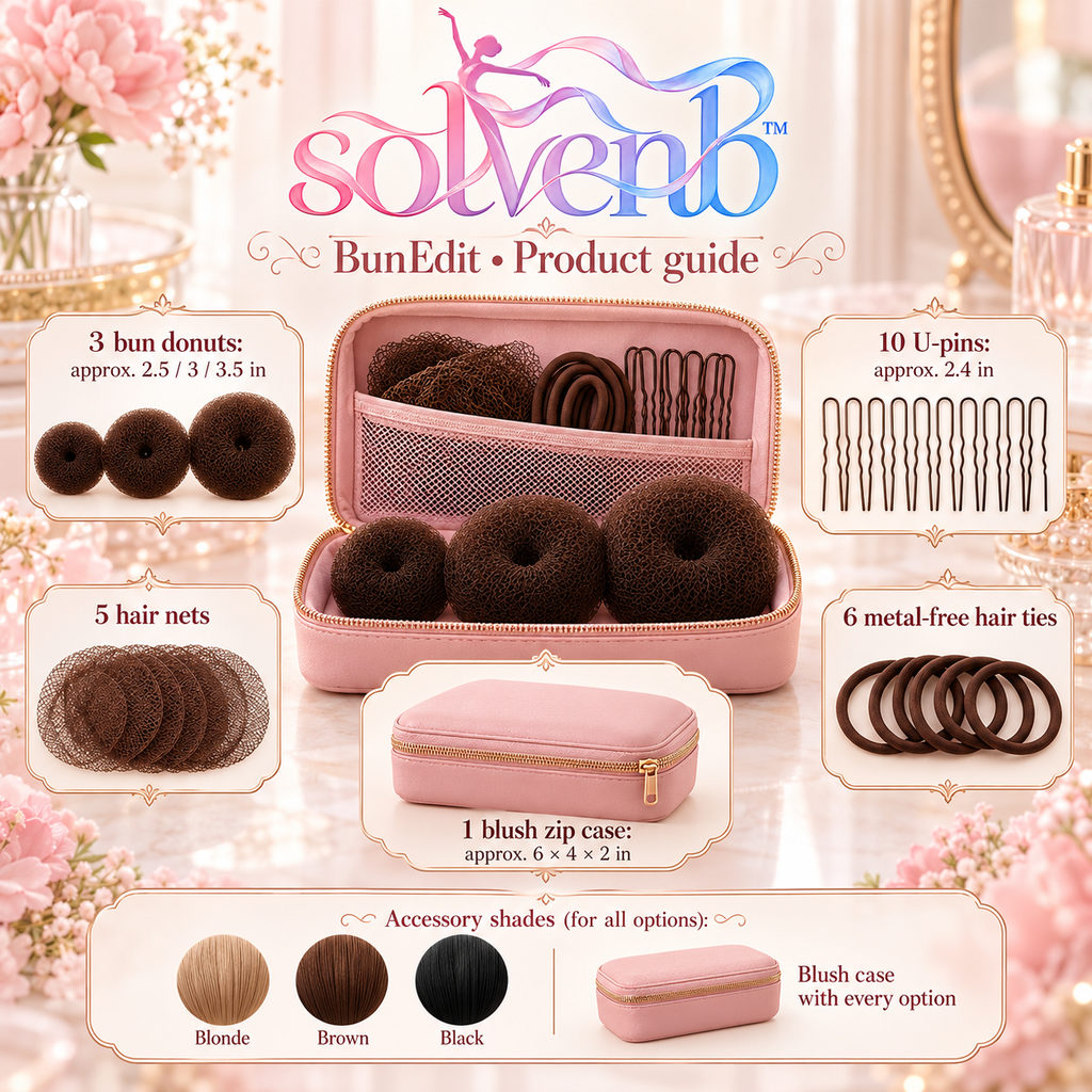 solvenb™ BunEdit Ballet Hair Kit — 3 Bun Donuts, Hair Nets, U-Pins & Hair Ties with Travel Case for Adult Dance Class