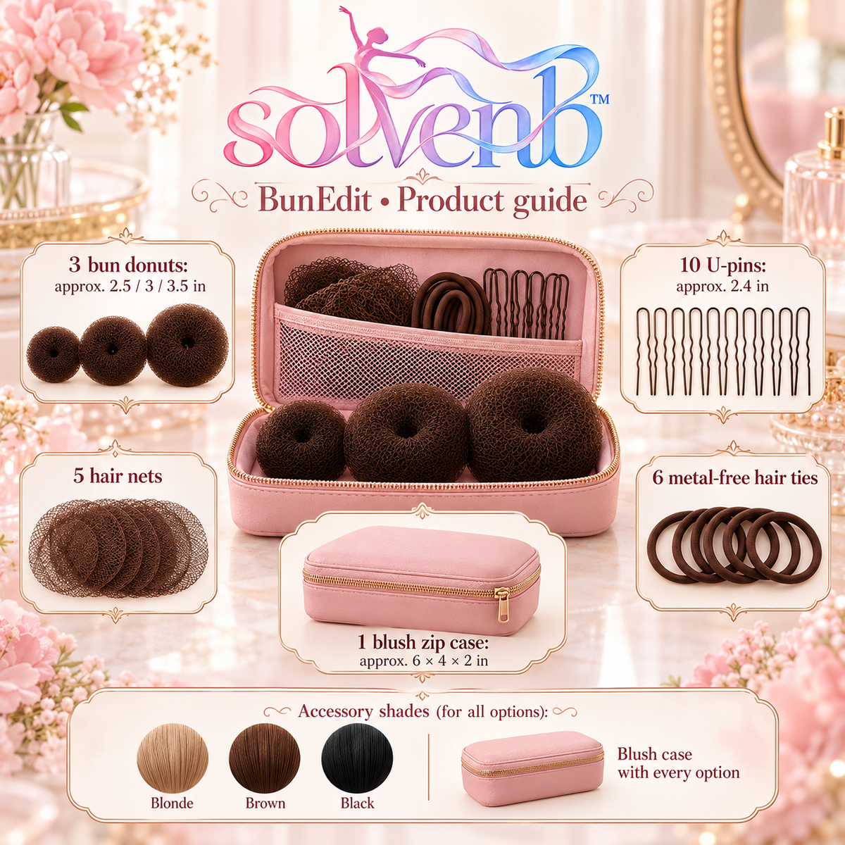 solvenb™ BunEdit Ballet Hair Kit — 3 Bun Donuts, Hair Nets, U-Pins & Hair Ties with Travel Case for Adult Dance Class